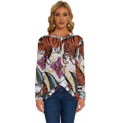 Natural-seamless-pattern-with-tiger-blooming-orchid Long Sleeve Crew Neck Pullover Top by uniart180623