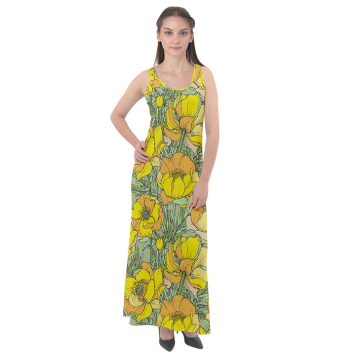 Seamless-pattern-with-graphic-spring-flowers Sleeveless Velour Maxi Dress