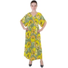 Seamless-pattern-with-graphic-spring-flowers V-neck Boho Style Maxi Dress by uniart180623