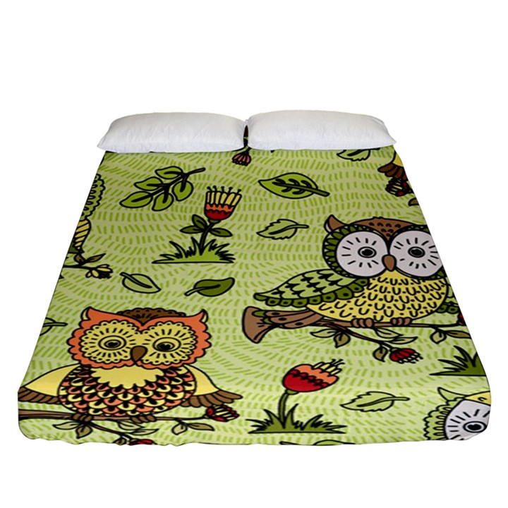 Seamless-pattern-with-flowers-owls Fitted Sheet (Queen Size)