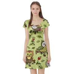 Seamless-pattern-with-flowers-owls Short Sleeve Skater Dress by uniart180623