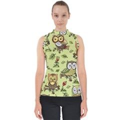 Seamless-pattern-with-flowers-owls Mock Neck Shell Top by uniart180623