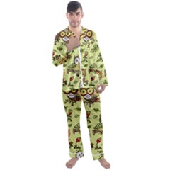 Seamless-pattern-with-flowers-owls Men s Long Sleeve Satin Pajamas Set by uniart180623