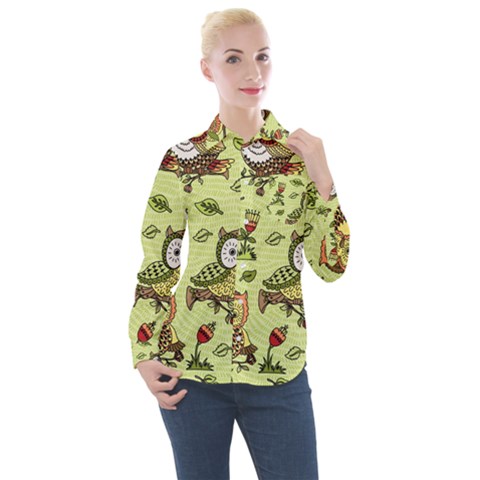 Seamless-pattern-with-flowers-owls Women s Long Sleeve Pocket Shirt by uniart180623