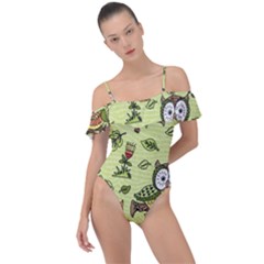 Seamless-pattern-with-flowers-owls Frill Detail One Piece Swimsuit