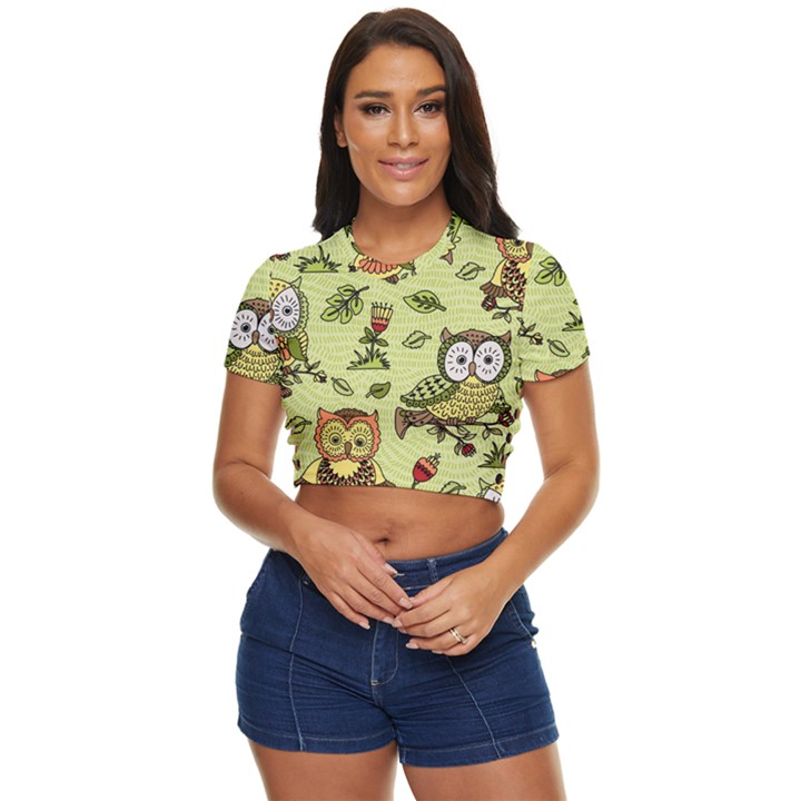 Seamless-pattern-with-flowers-owls Side Button Cropped Tee