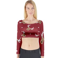 Cute-reindeer-head-with-star-red-background Long Sleeve Crop Top by uniart180623