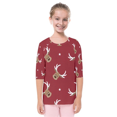 Cute-reindeer-head-with-star-red-background Kids  Quarter Sleeve Raglan Tee by uniart180623