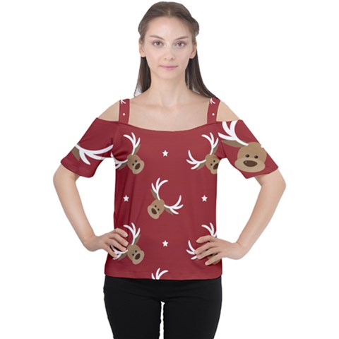 Cute-reindeer-head-with-star-red-background Cutout Shoulder Tee by uniart180623