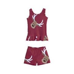 Cute-reindeer-head-with-star-red-background Kids  Boyleg Swimsuit by uniart180623