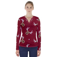 Cute-reindeer-head-with-star-red-background V-neck Long Sleeve Top by uniart180623