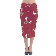 Cute-reindeer-head-with-star-red-background Velvet Midi Pencil Skirt by uniart180623