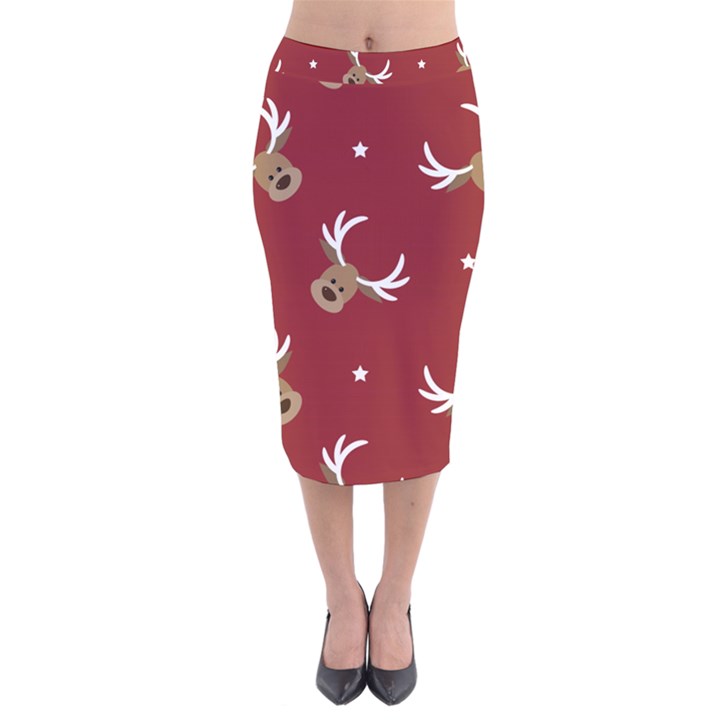 Cute-reindeer-head-with-star-red-background Velvet Midi Pencil Skirt