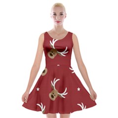 Cute-reindeer-head-with-star-red-background Velvet Skater Dress by uniart180623