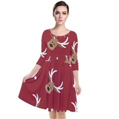 Cute-reindeer-head-with-star-red-background Quarter Sleeve Waist Band Dress by uniart180623