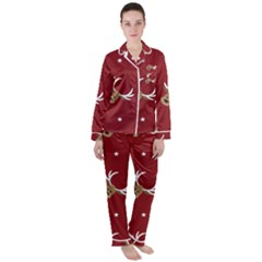 Cute-reindeer-head-with-star-red-background Women s Long Sleeve Satin Pajamas Set	 by uniart180623