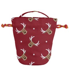 Cute-reindeer-head-with-star-red-background Drawstring Bucket Bag by uniart180623