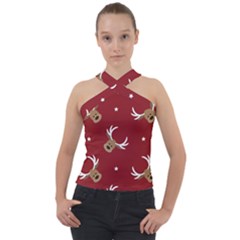 Cute-reindeer-head-with-star-red-background Cross Neck Velour Top by uniart180623