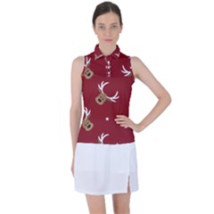 Cute-reindeer-head-with-star-red-background Women s Sleeveless Polo Tee by uniart180623