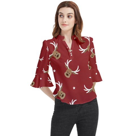 Cute-reindeer-head-with-star-red-background Loose Horn Sleeve Chiffon Blouse by uniart180623