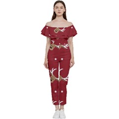 Cute-reindeer-head-with-star-red-background Bardot Ruffle Jumpsuit by uniart180623