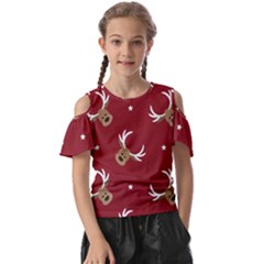 Cute-reindeer-head-with-star-red-background Kids  Butterfly Cutout Tee by uniart180623