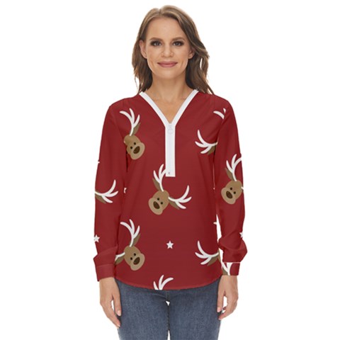 Cute-reindeer-head-with-star-red-background Zip Up Long Sleeve Blouse by uniart180623