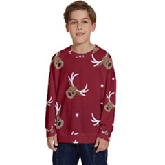 Cute-reindeer-head-with-star-red-background Kids  Long Sleeve Jersey by uniart180623