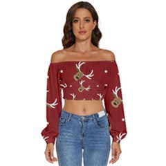 Cute-reindeer-head-with-star-red-background Long Sleeve Crinkled Weave Crop Top by uniart180623