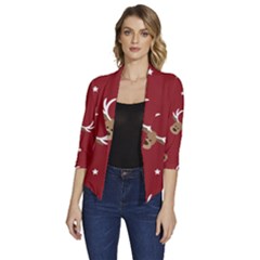 Cute-reindeer-head-with-star-red-background Women s Draped Front 3/4 Sleeve Shawl Collar Jacket by uniart180623