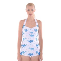 Seamless-pattern-with-cute-sharks-hearts Boyleg Halter Swimsuit  by uniart180623