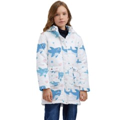 Seamless-pattern-with-cute-sharks-hearts Kids  Hooded Longline Puffer Jacket by uniart180623