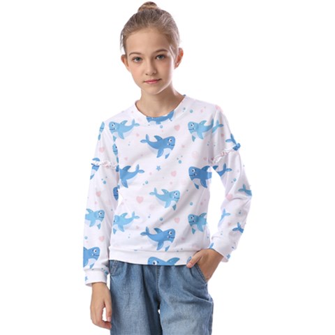 Seamless-pattern-with-cute-sharks-hearts Kids  Long Sleeve Tee With Frill  by uniart180623