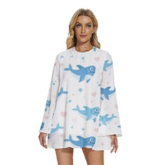 Seamless-pattern-with-cute-sharks-hearts Round Neck Long Sleeve Bohemian Style Chiffon Mini Dress by uniart180623