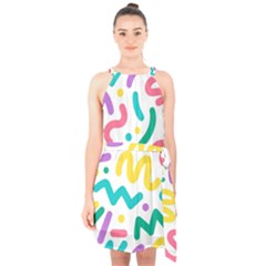 Abstract-pop-art-seamless-pattern-cute-background-memphis-style Halter Collar Waist Tie Chiffon Dress by uniart180623