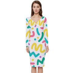 Abstract-pop-art-seamless-pattern-cute-background-memphis-style Long Sleeve V-neck Bodycon Dress  by uniart180623