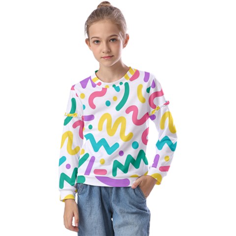 Abstract-pop-art-seamless-pattern-cute-background-memphis-style Kids  Long Sleeve Tee With Frill  by uniart180623