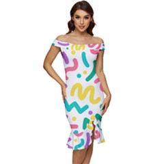 Abstract-pop-art-seamless-pattern-cute-background-memphis-style Off Shoulder Ruffle Split Hem Bodycon Dress by uniart180623