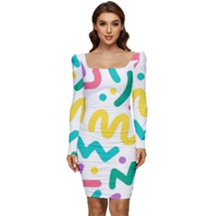 Abstract-pop-art-seamless-pattern-cute-background-memphis-style Women Long Sleeve Ruched Stretch Jersey Dress by uniart180623