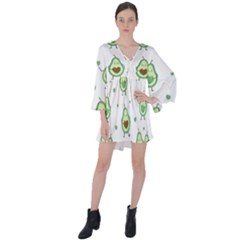 Cute-seamless-pattern-with-avocado-lovers V-neck Flare Sleeve Mini Dress by uniart180623