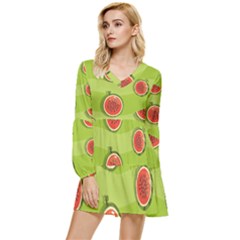 Seamless-background-with-watermelon-slices Tiered Long Sleeve Mini Dress by uniart180623