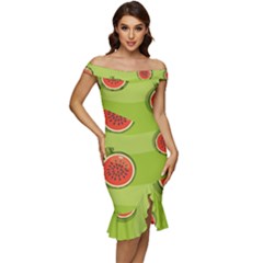 Seamless-background-with-watermelon-slices Off Shoulder Ruffle Split Hem Bodycon Dress by uniart180623