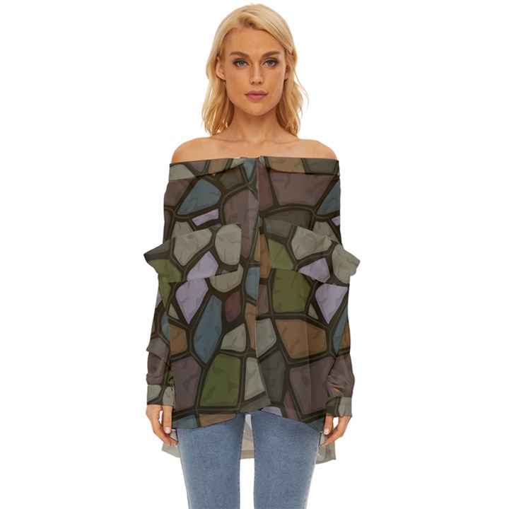 Cartoon-colored-stone-seamless-background-texture-pattern - Off Shoulder Chiffon Pocket Shirt