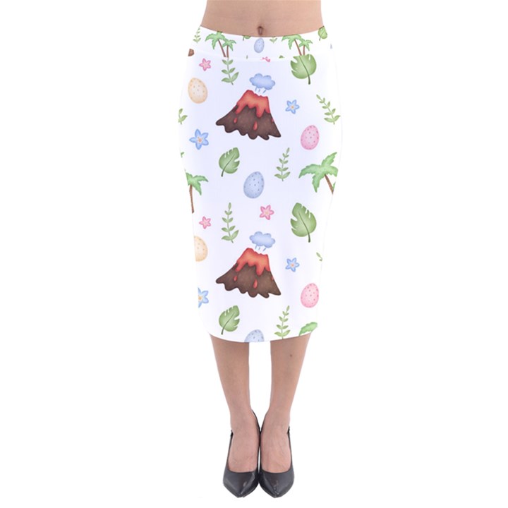 Cute-palm-volcano-seamless-pattern Velvet Midi Pencil Skirt