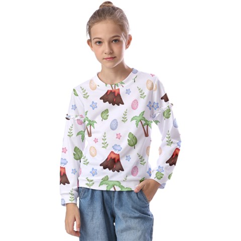 Cute-palm-volcano-seamless-pattern Kids  Long Sleeve Tee With Frill  by uniart180623