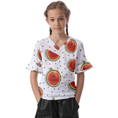 Seamless-background-pattern-with-watermelon-slices Kids  V-neck Horn Sleeve Blouse by uniart180623