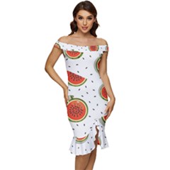 Seamless-background-pattern-with-watermelon-slices Off Shoulder Ruffle Split Hem Bodycon Dress by uniart180623