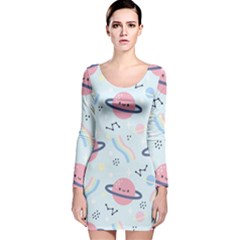 Cute-planet-space-seamless-pattern-background Long Sleeve Velvet Bodycon Dress by uniart180623