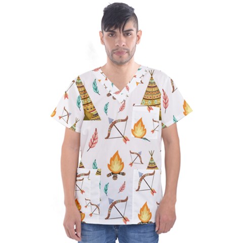 Cute-cartoon-native-american-seamless-pattern Men s V-neck Scrub Top by uniart180623