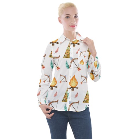 Cute-cartoon-native-american-seamless-pattern Women s Long Sleeve Pocket Shirt by uniart180623